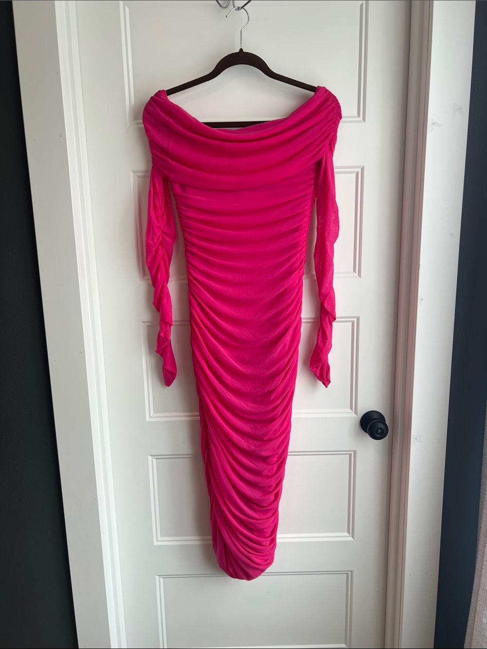 SHEIN Hot Pink Off-Shoulder Ruched Maxi Dress